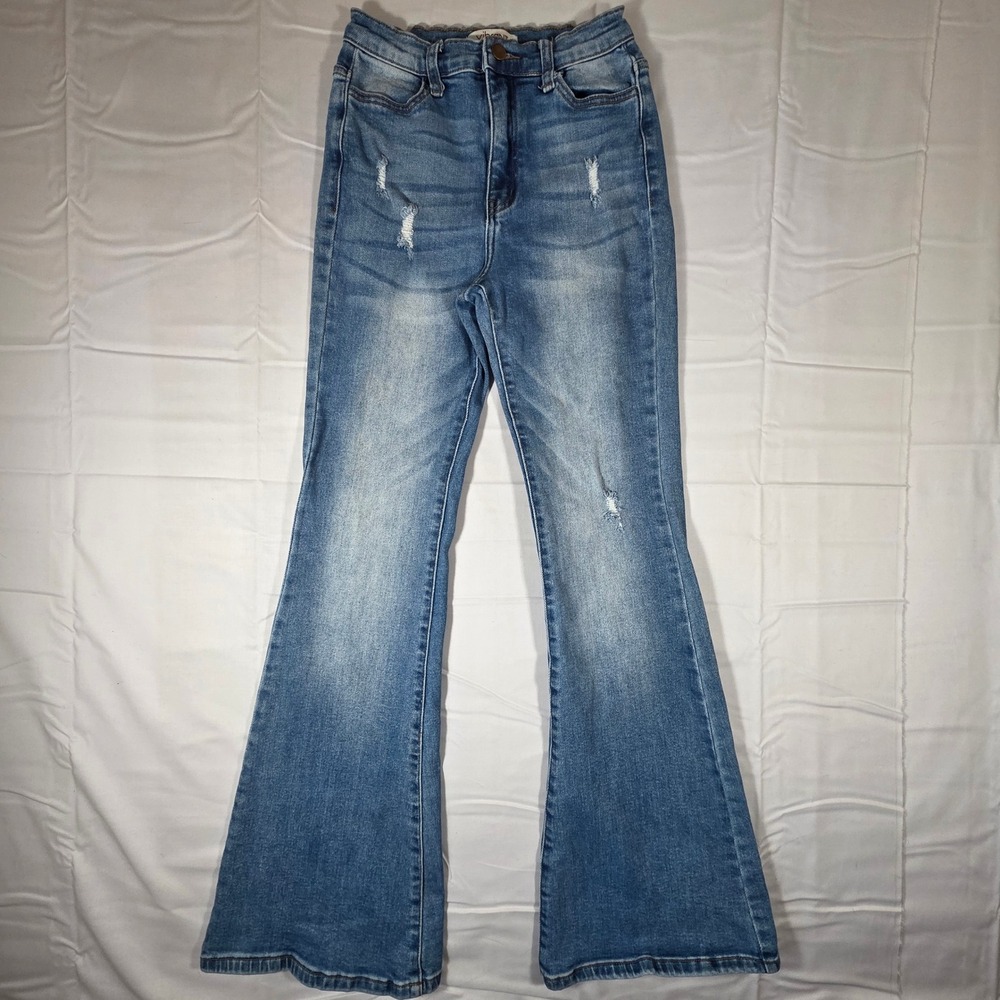 Vibrant MIU Womens High Rise Distressed Flare Jeans Medium Wash Size 3 W25